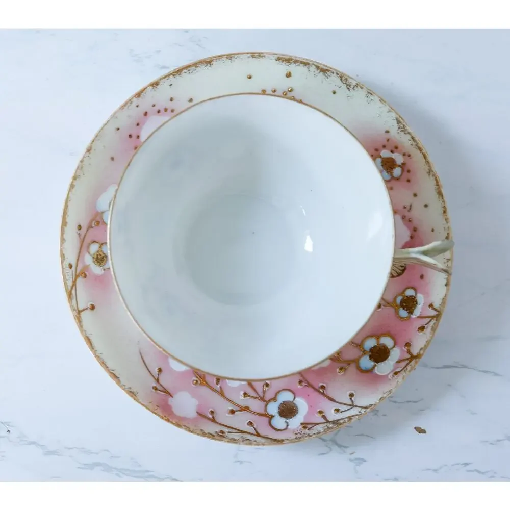 VTG Sakura Floral Butterfly Handle Teacup Set Grandmillennial Chinoiserie Retro